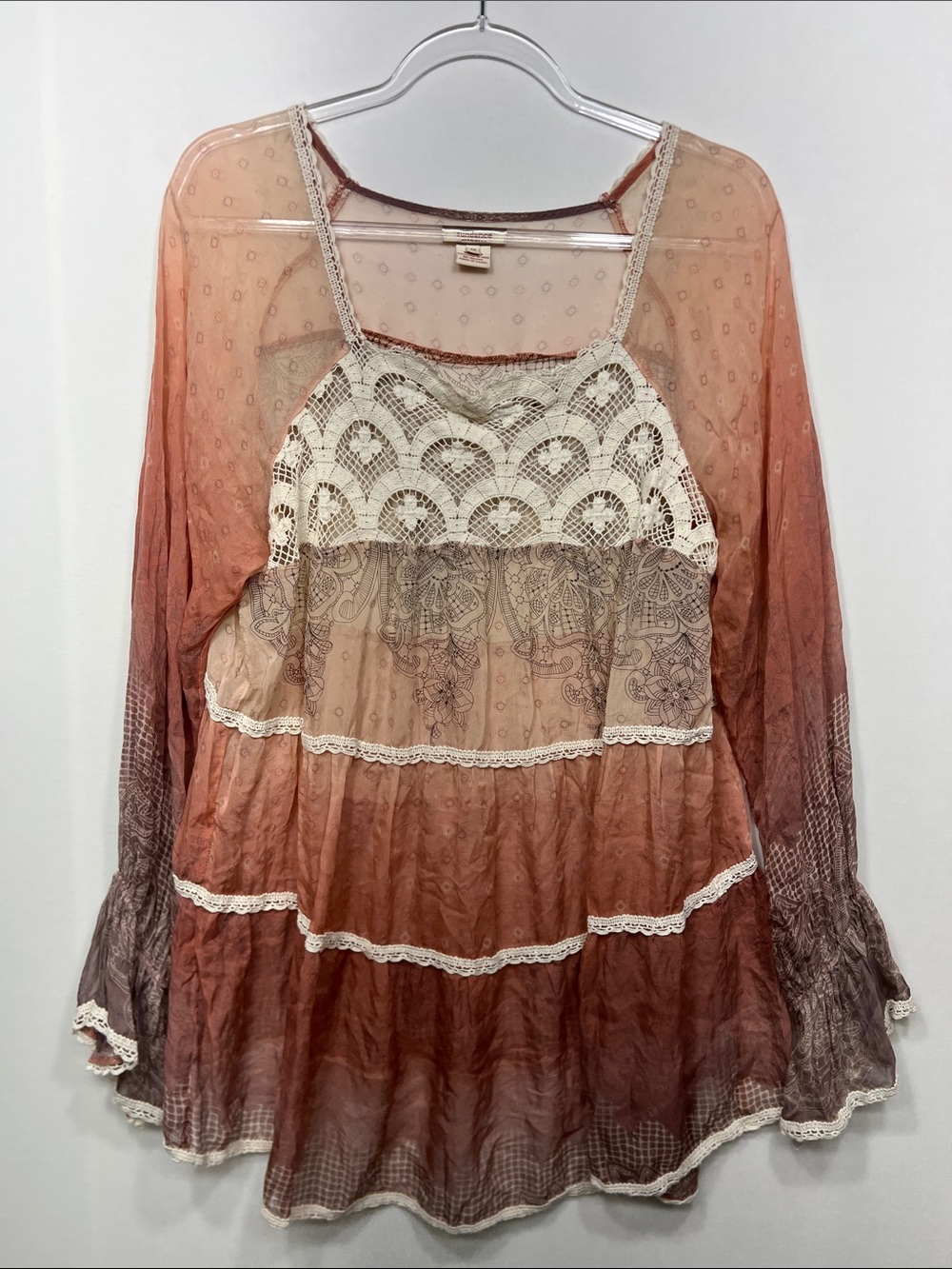 Sundance Pink and Cream Lace-Trim Ombre Peasant Tunic Silk